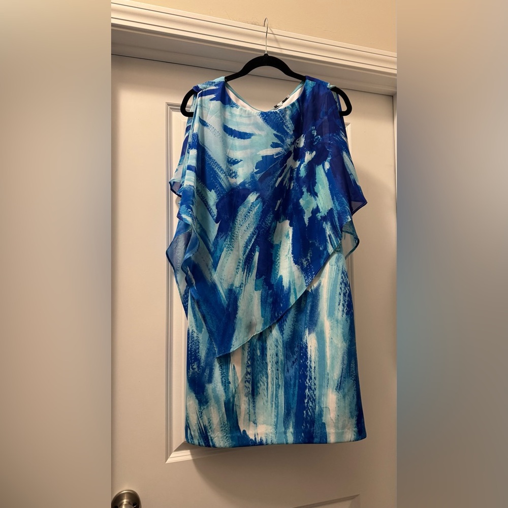 Sandra Darren Blue and White Asymmetrical Sheath Dress